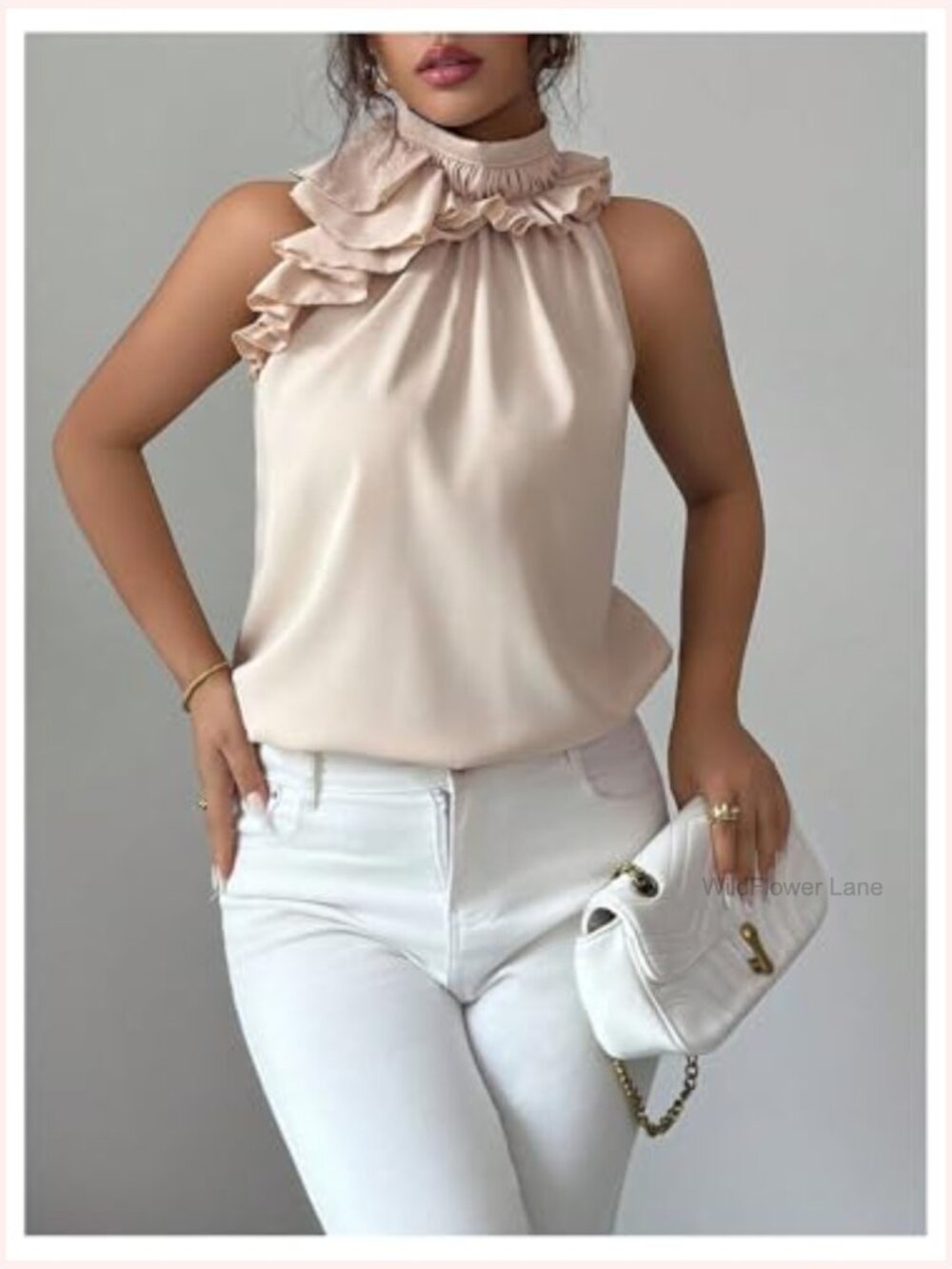 Elegant Blouse Ruffle Trim Sleeveless Mock Neck Halter Tank Top Office Outfit - Picture 4 of 6